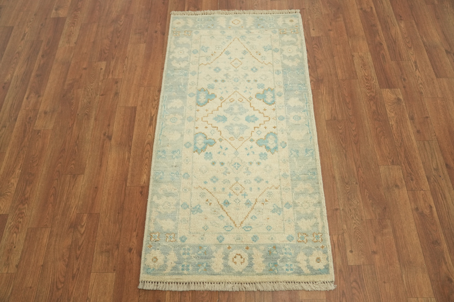 Traditional Blue Beige Floral Pattern Oushak Turkish Rug for Elegant Spaces 2x4 ft