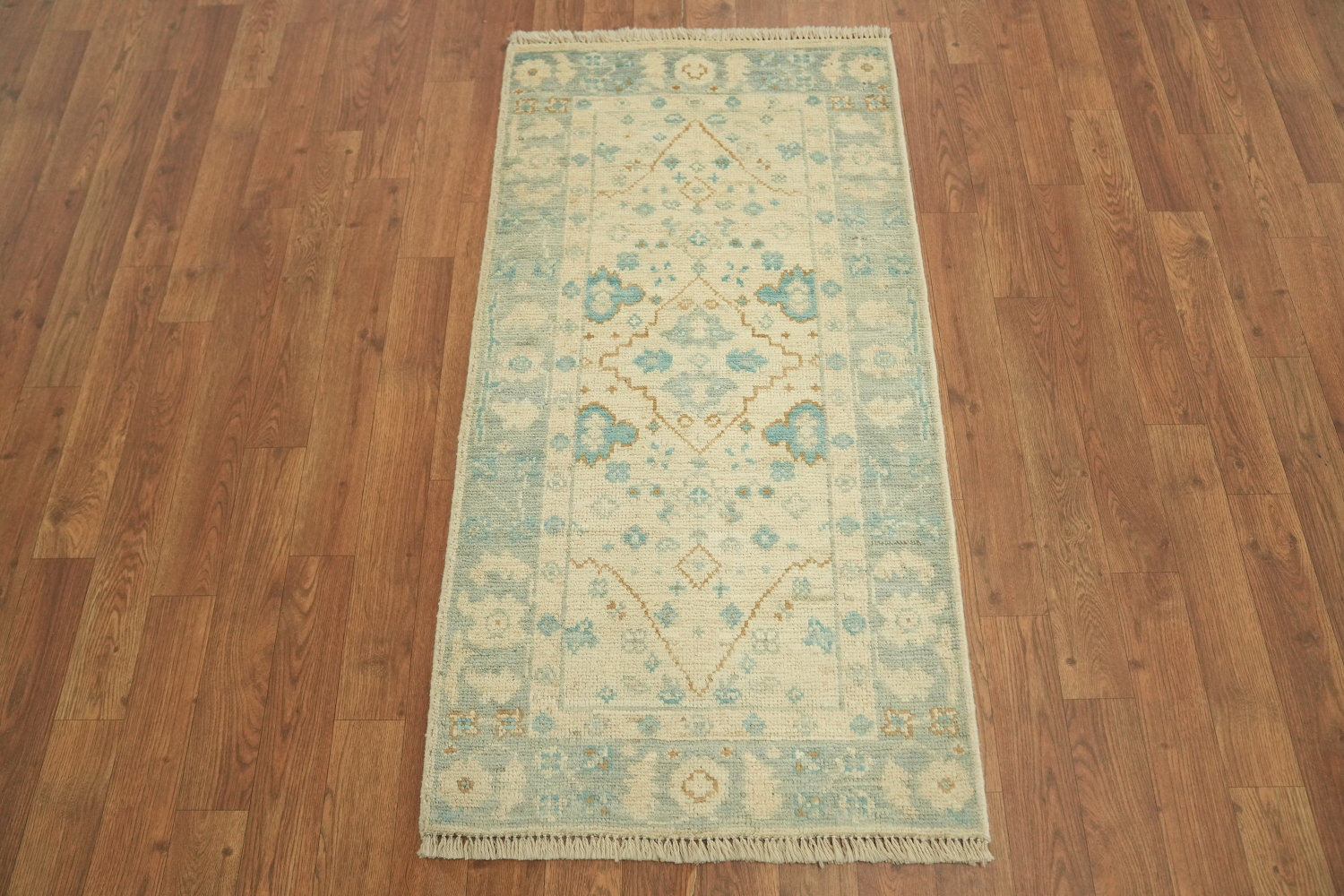 Traditional Blue Beige Floral Pattern Oushak Turkish Rug for Elegant Spaces 2x4 ft