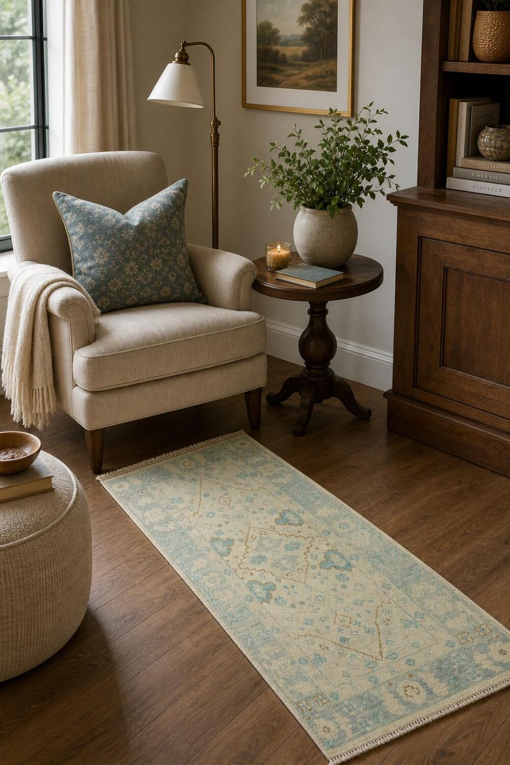 Traditional Blue Beige Floral Pattern Oushak Turkish Rug for Elegant Spaces 2x4 ft
