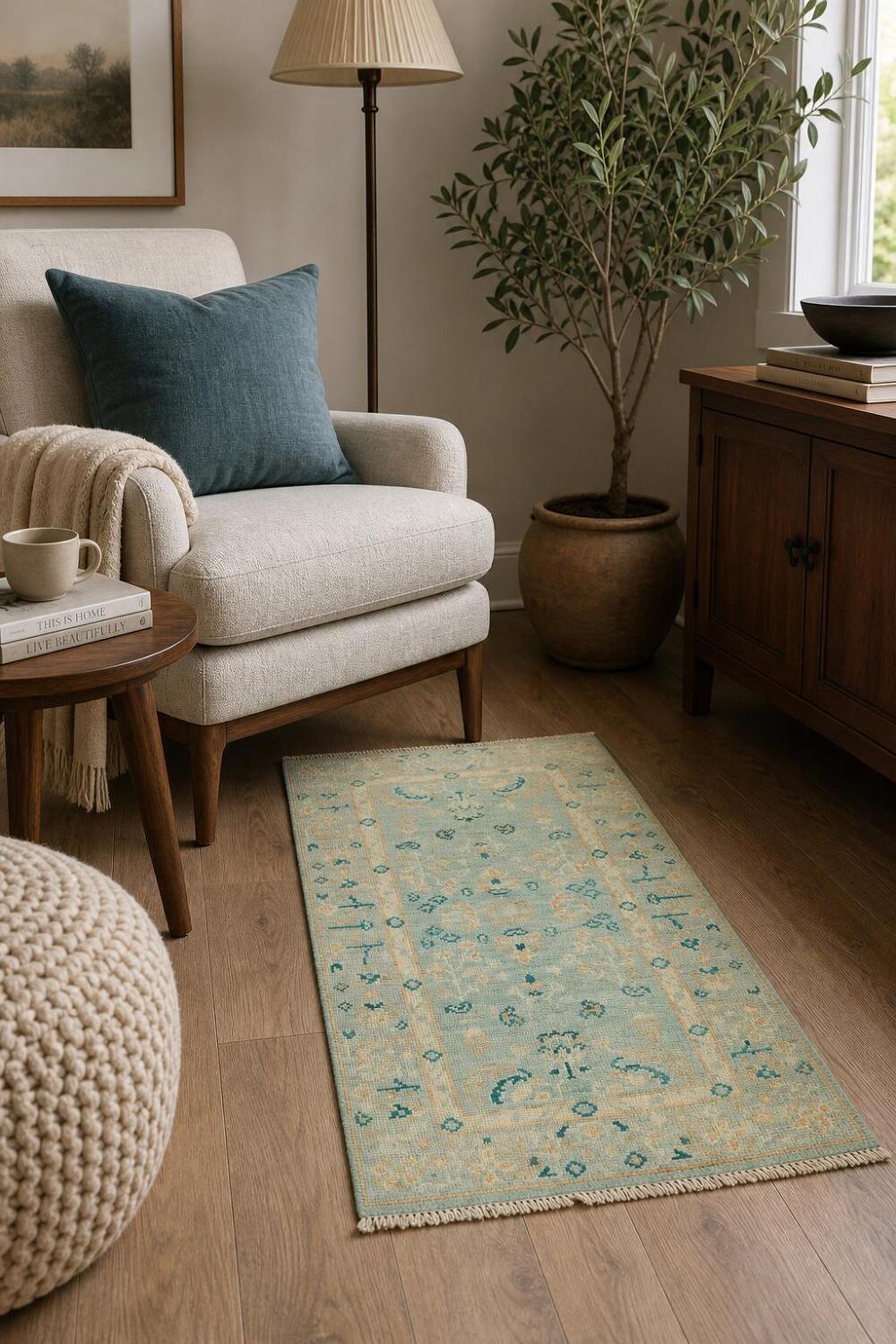 Oushak Turkish Blue and Beige Rug Perfect for Modern and Vintage Spaces 2x4 ft