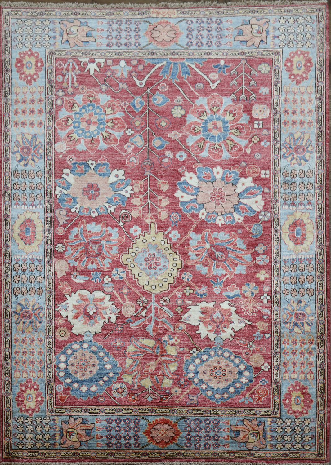 Vegetable Dye Ziegler Raspberry Red and Blue Area Rug 5x7