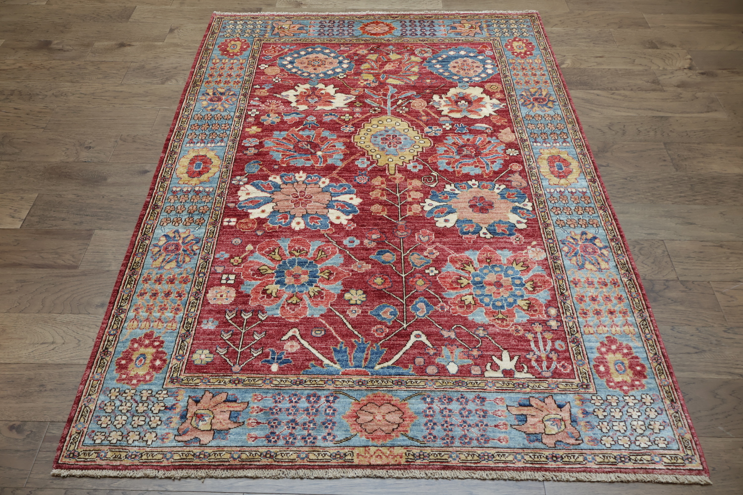 Vegetable Dye Ziegler Raspberry Red and Blue Area Rug 5x7