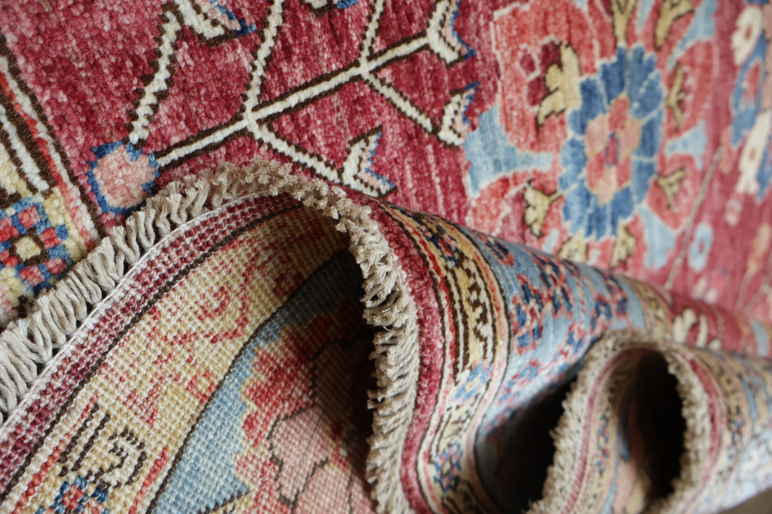 Vegetable Dye Ziegler Raspberry Red and Blue Area Rug 5x7
