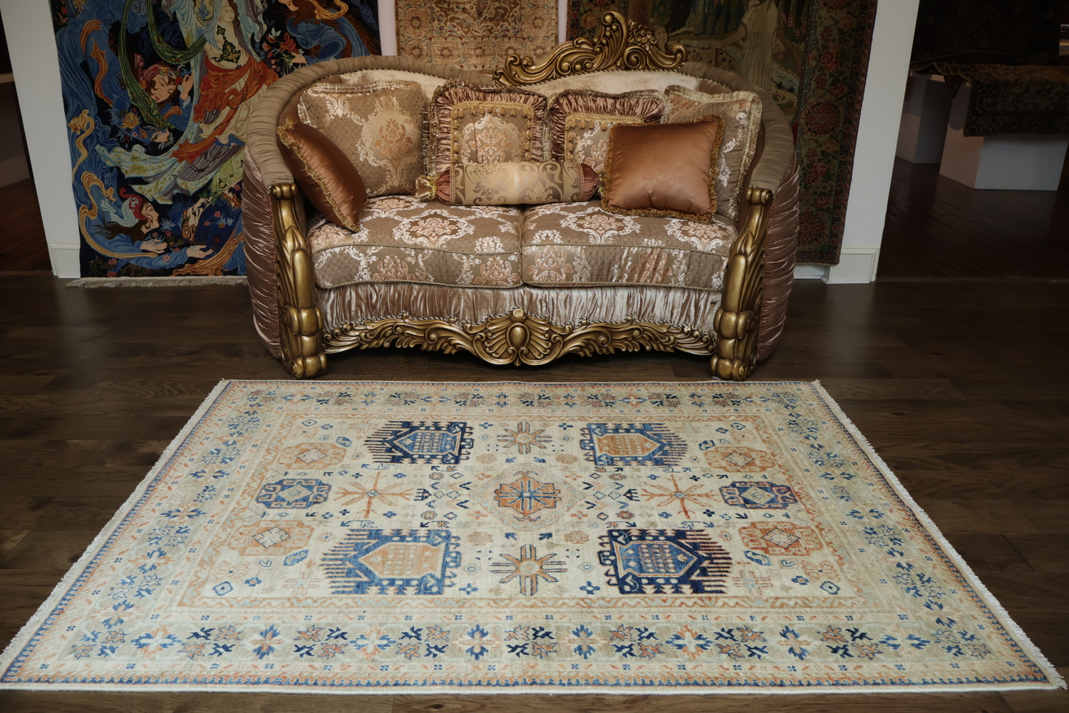 Vegetable Dye Geometric Oushak Turkish Area Rug 5x7