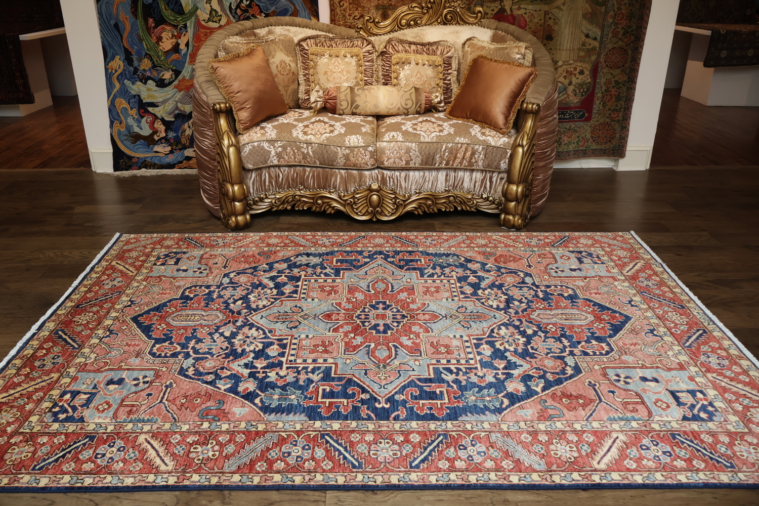 Vegetable Dye Heriz Serapi Geometric Blue Pink Red Area Rug 6x9