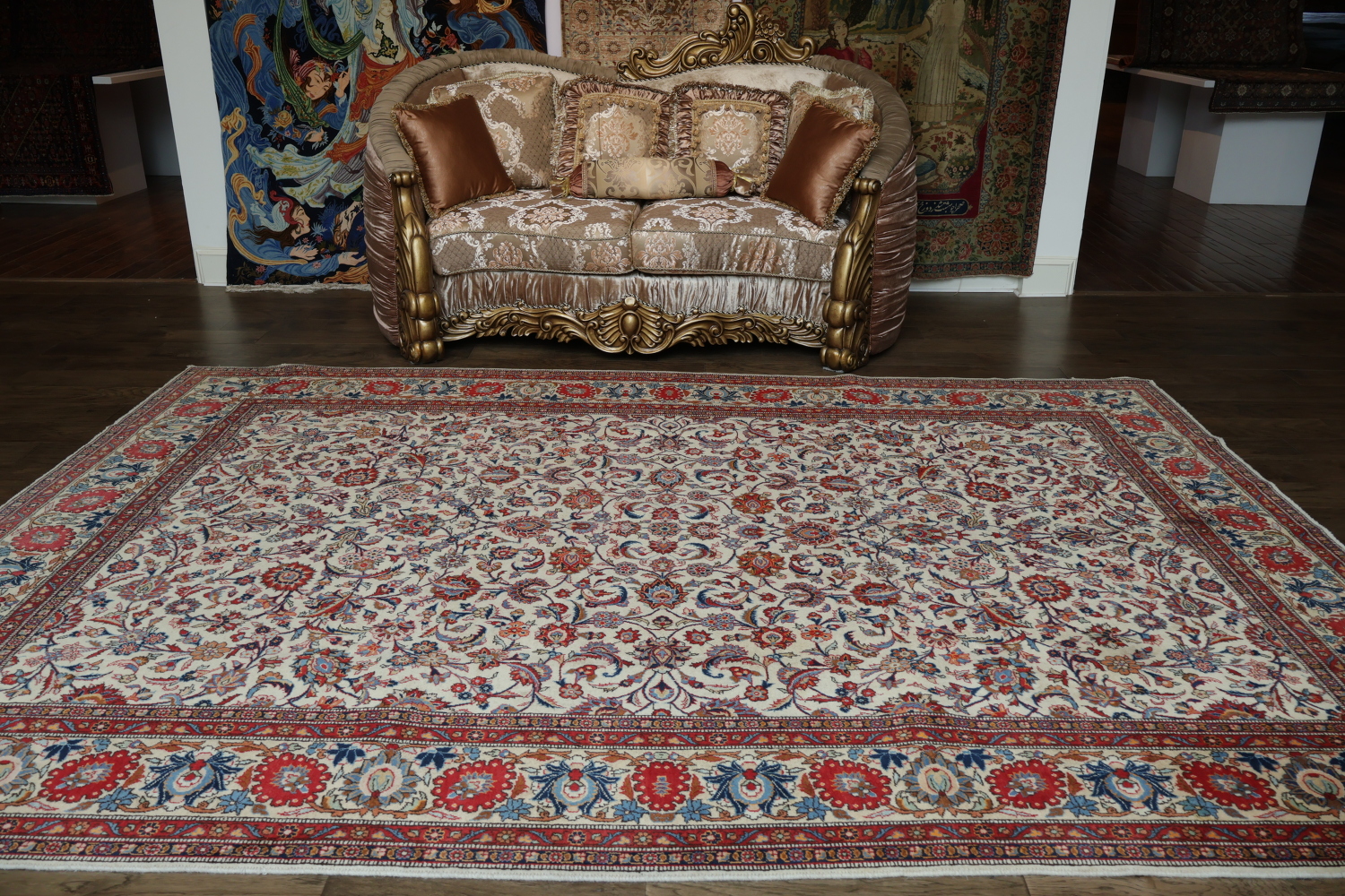 Antique All-Over Ivory and Red Kashan Persian Area Rug 8x11