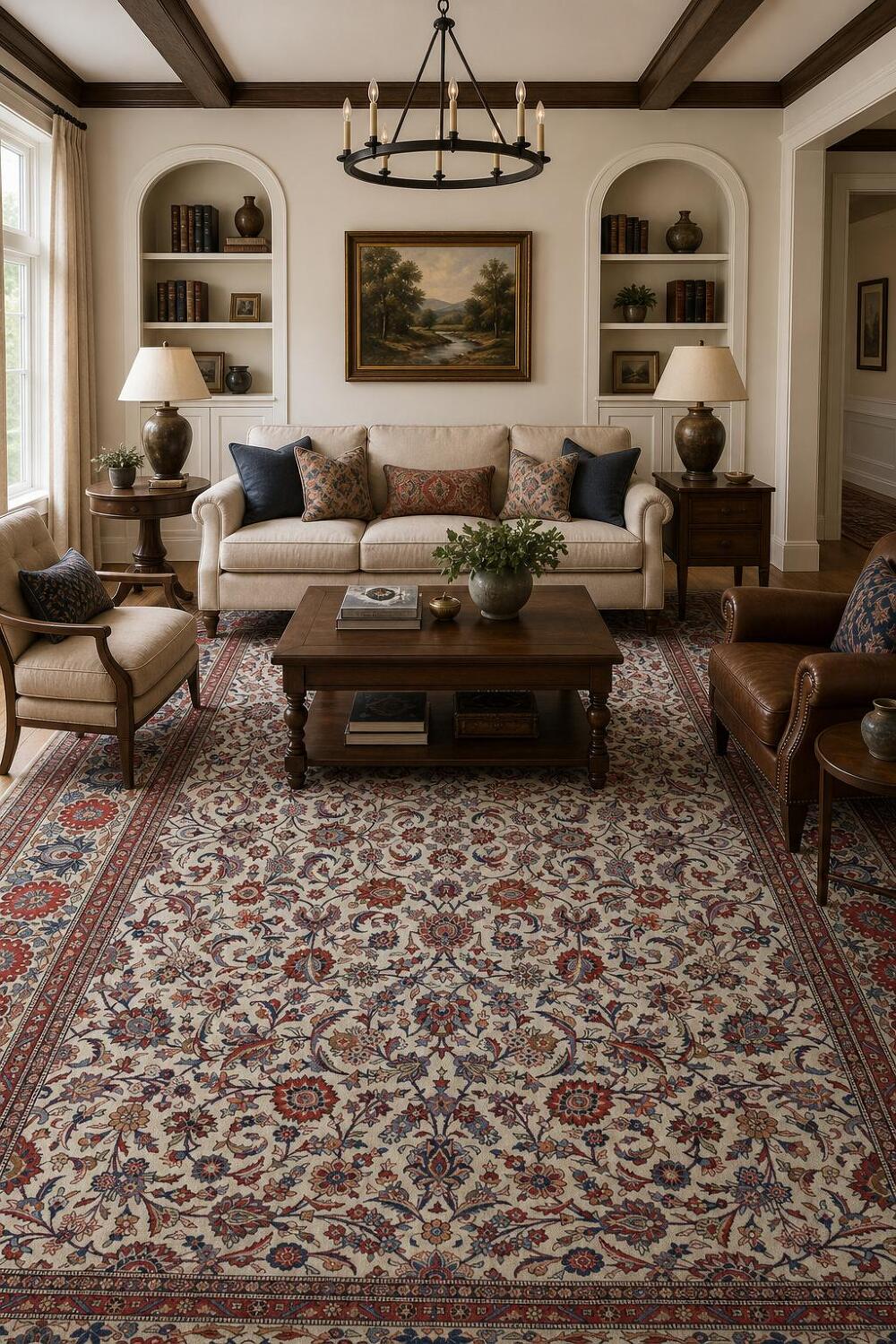 Antique All-Over Ivory and Red Kashan Persian Area Rug 8x11