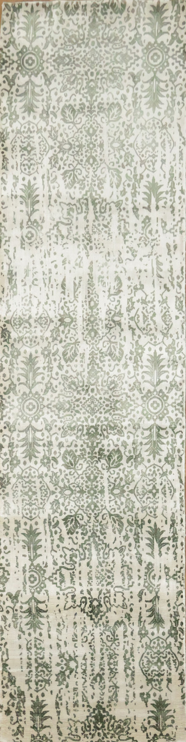 Ivory & Green Abstract Indian Runner Rug 3x12
