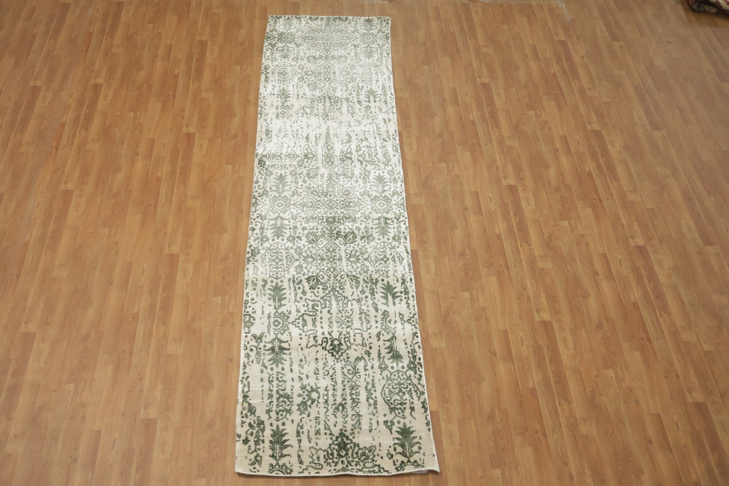 Ivory & Green Abstract Indian Runner Rug 3x12