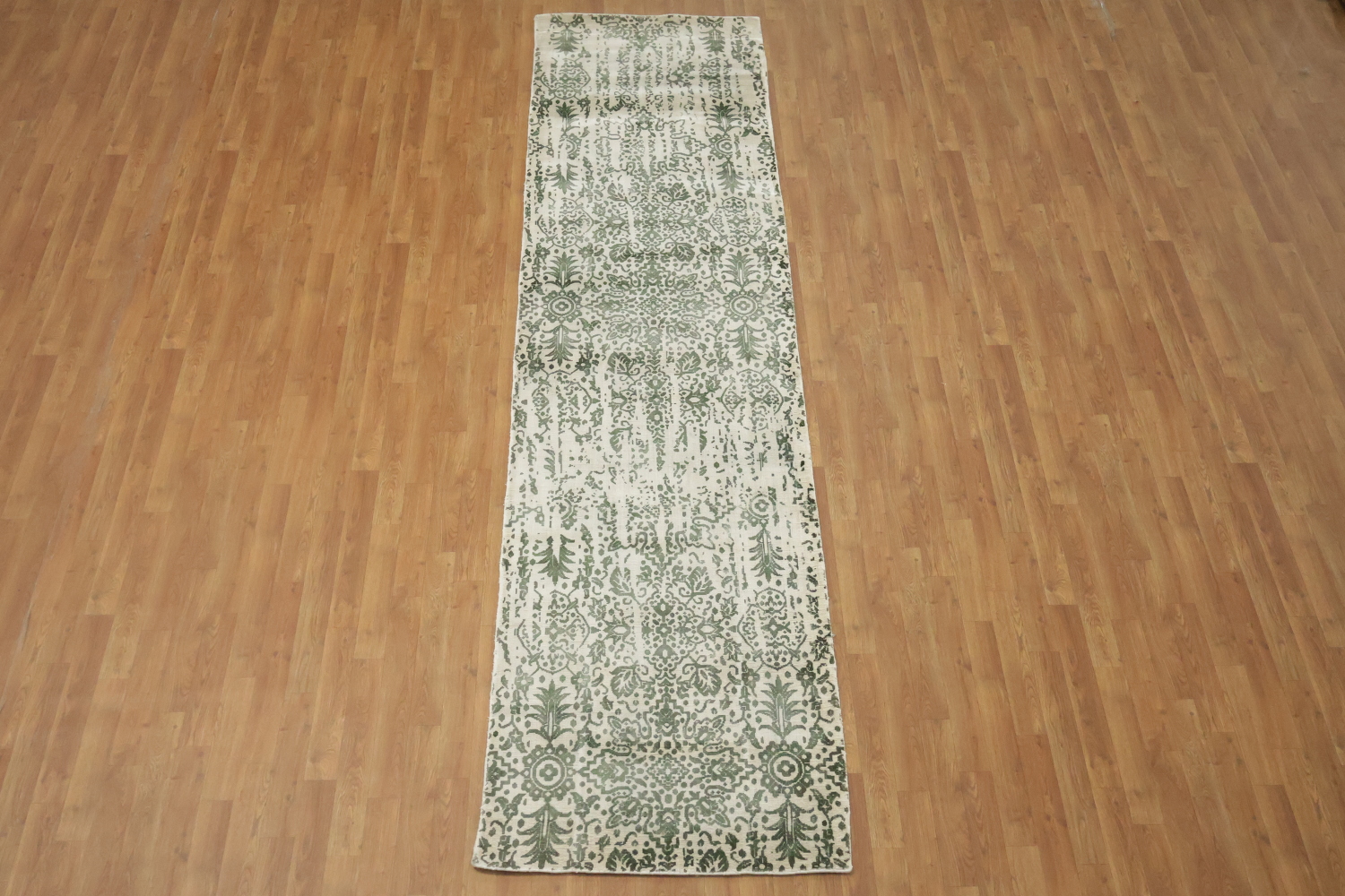 Ivory & Green Abstract Indian Runner Rug 3x12