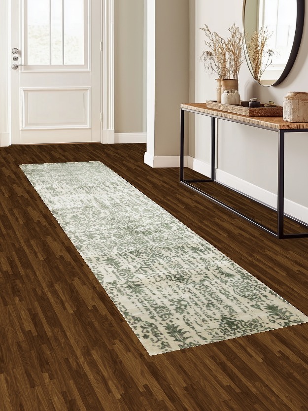 Ivory & Green Abstract Indian Runner Rug 3x12