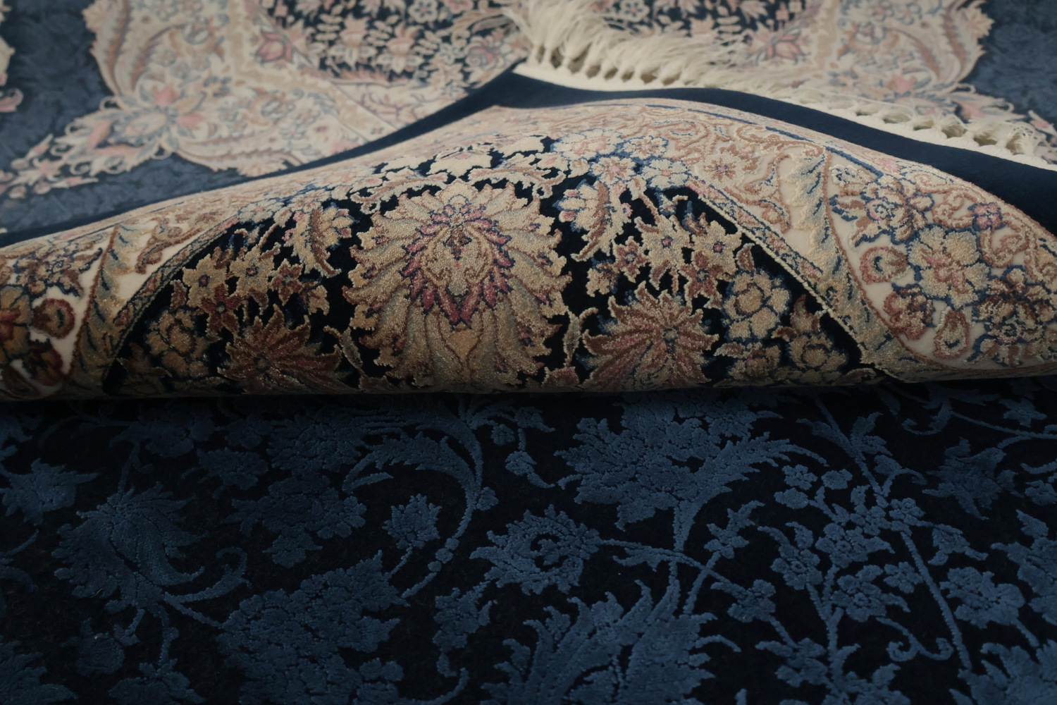 Navy Blue Ornate Qum Area Rug 7x10 Add a Touch of Elegance