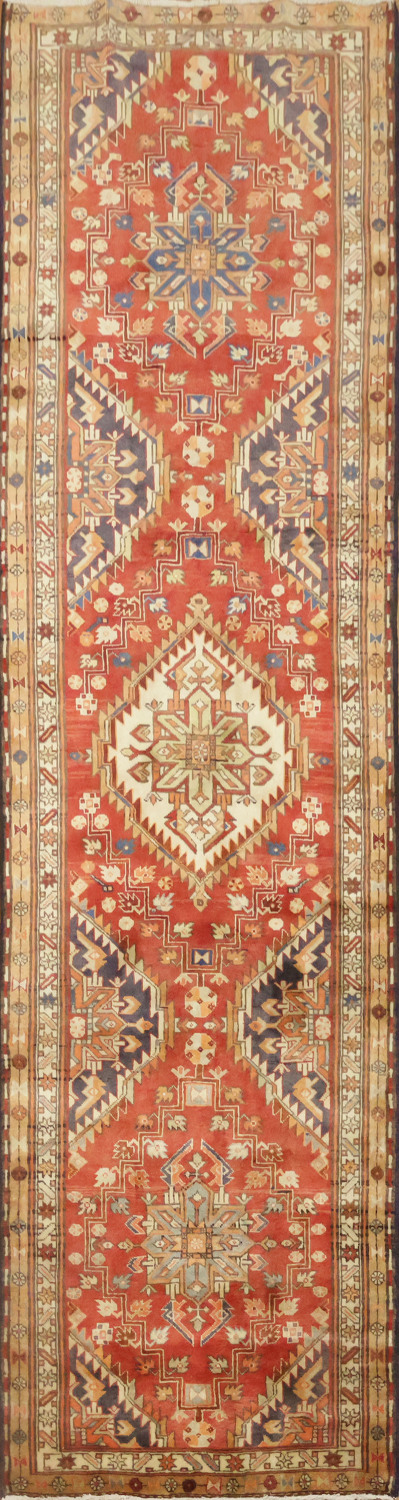 Geometric Red Heriz Persian Runner Rug 3x11