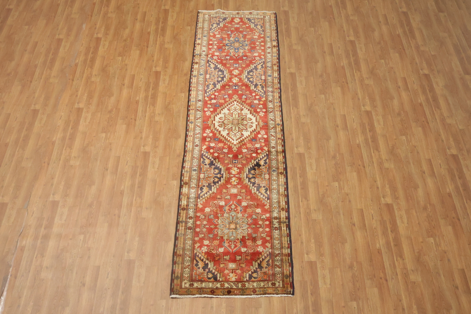 Geometric Red Heriz Persian Runner Rug 3x11