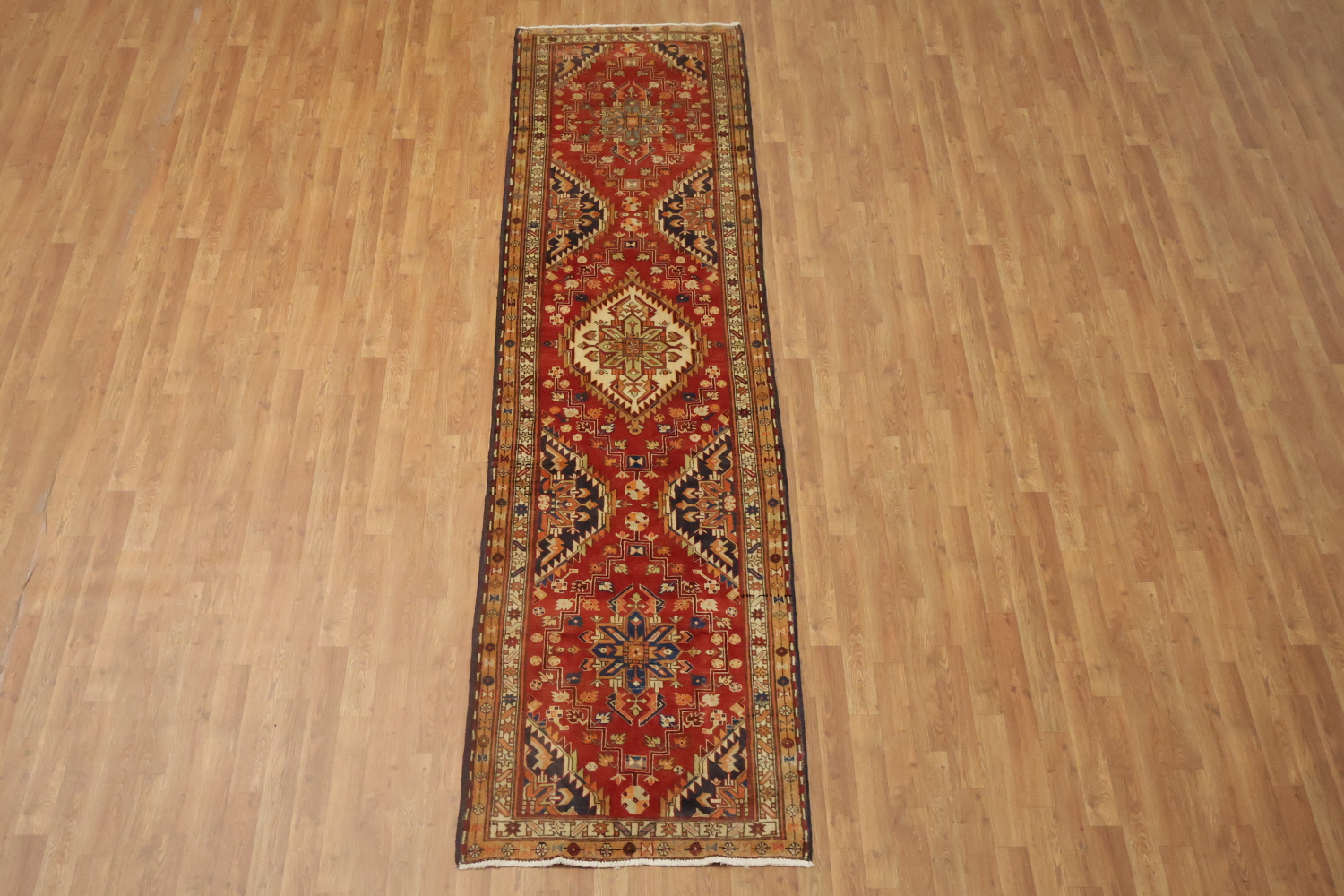 Geometric Red Heriz Persian Runner Rug 3x11