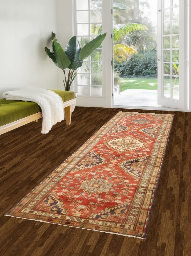Geometric Red Heriz Persian Runner Rug 3x11