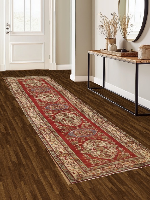 Geometric Red Tabriz Persian Runner Rug 4x13
