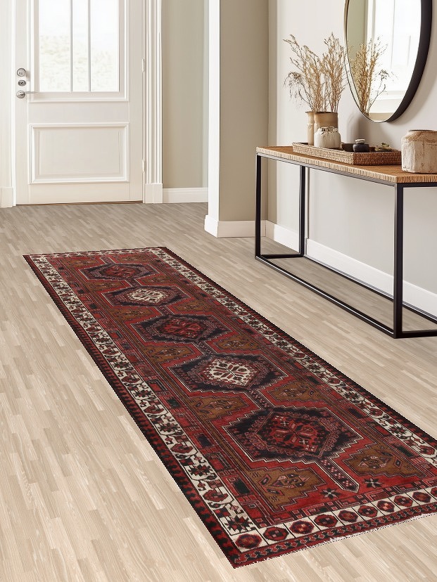 Red Geometric Ardebil Persian Runner Rug 3x11