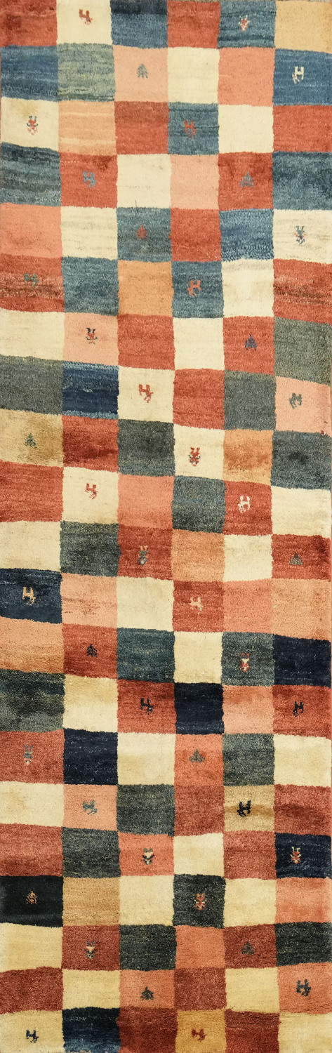 Checkered Gabbeh Persian Runner Rug 3x9