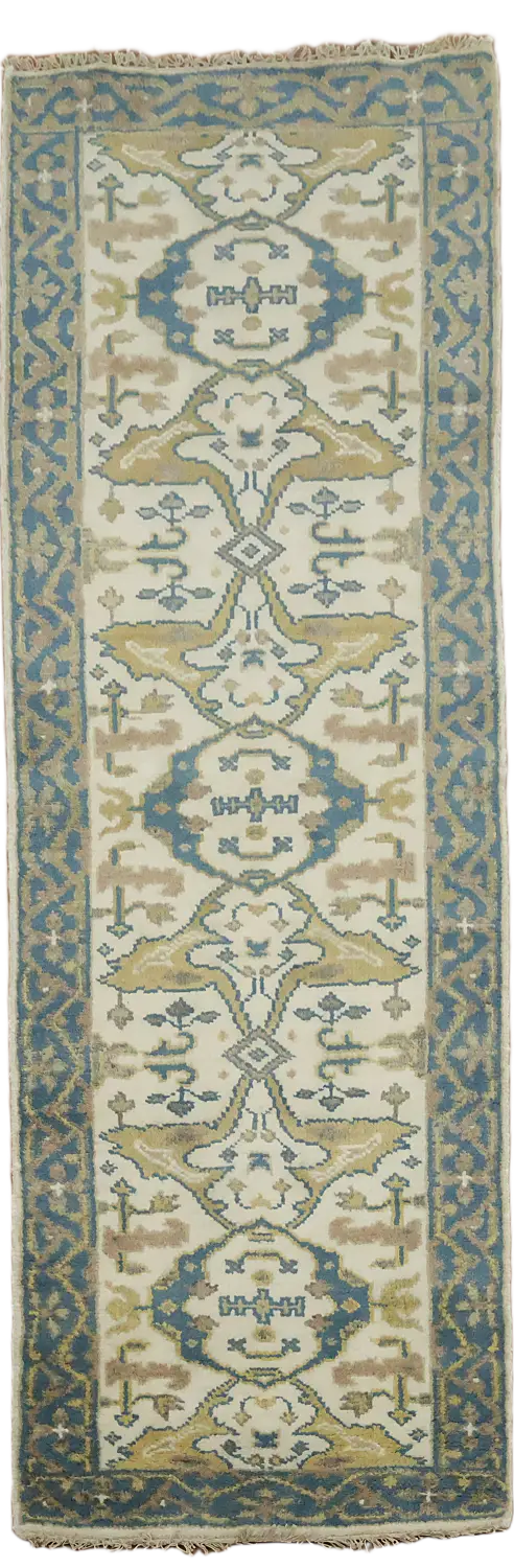 Elegant Blue and Beige Runner with Geometric Patterns 3'x8'