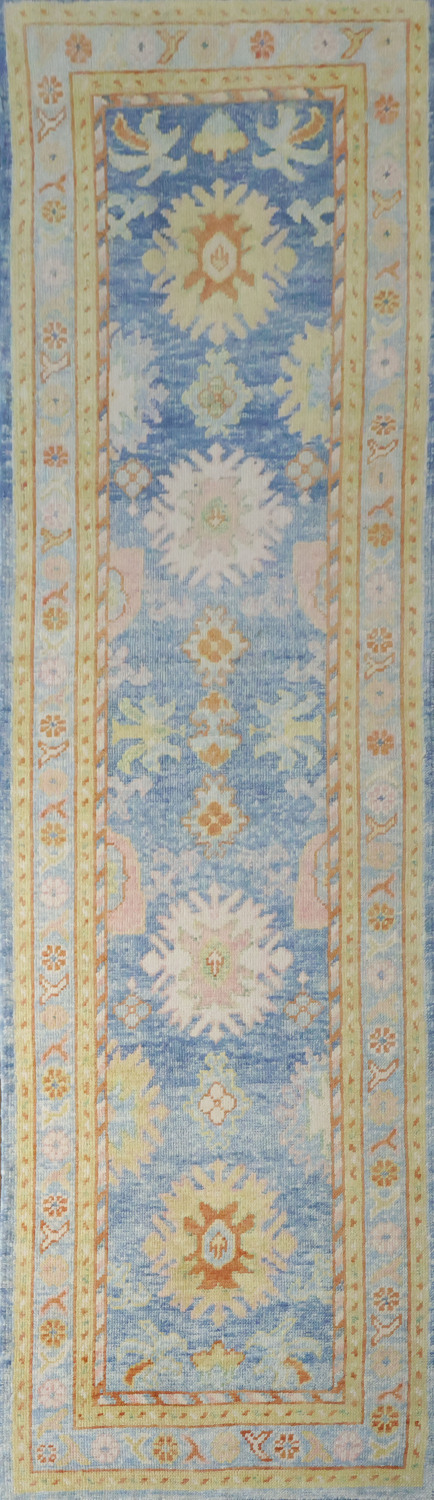 Vegetable Dye Blue Oushak Turkish Runner Rug 3x11 ft