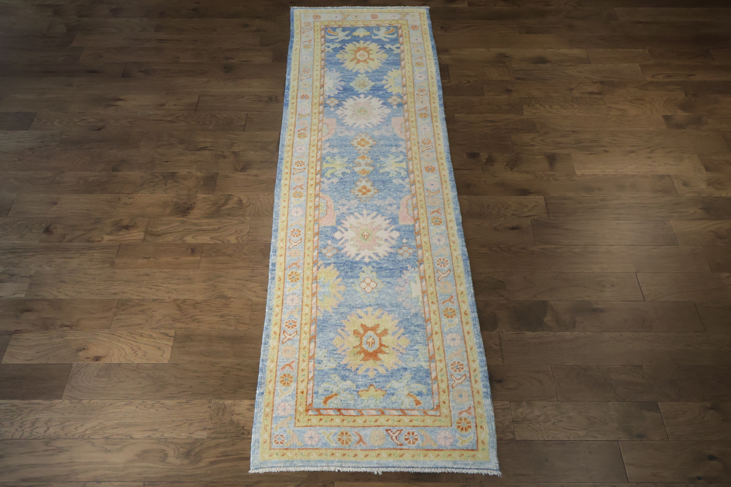 Vegetable Dye Blue Oushak Turkish Runner Rug 3x11 ft