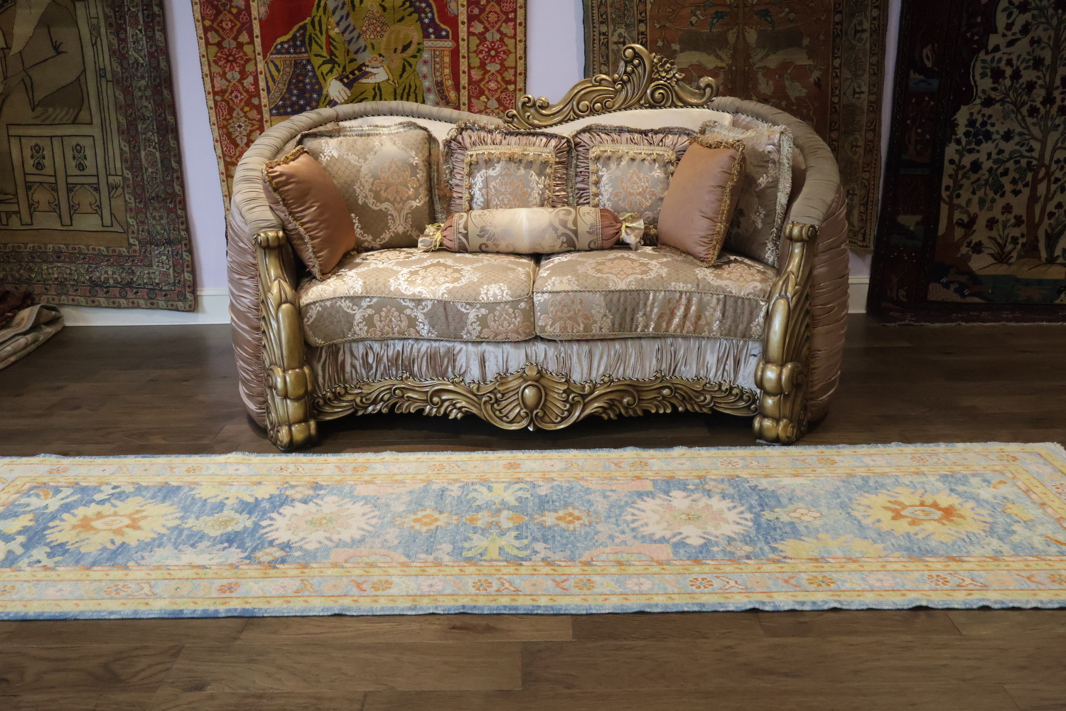 Vegetable Dye Blue Oushak Turkish Runner Rug 3x11 ft