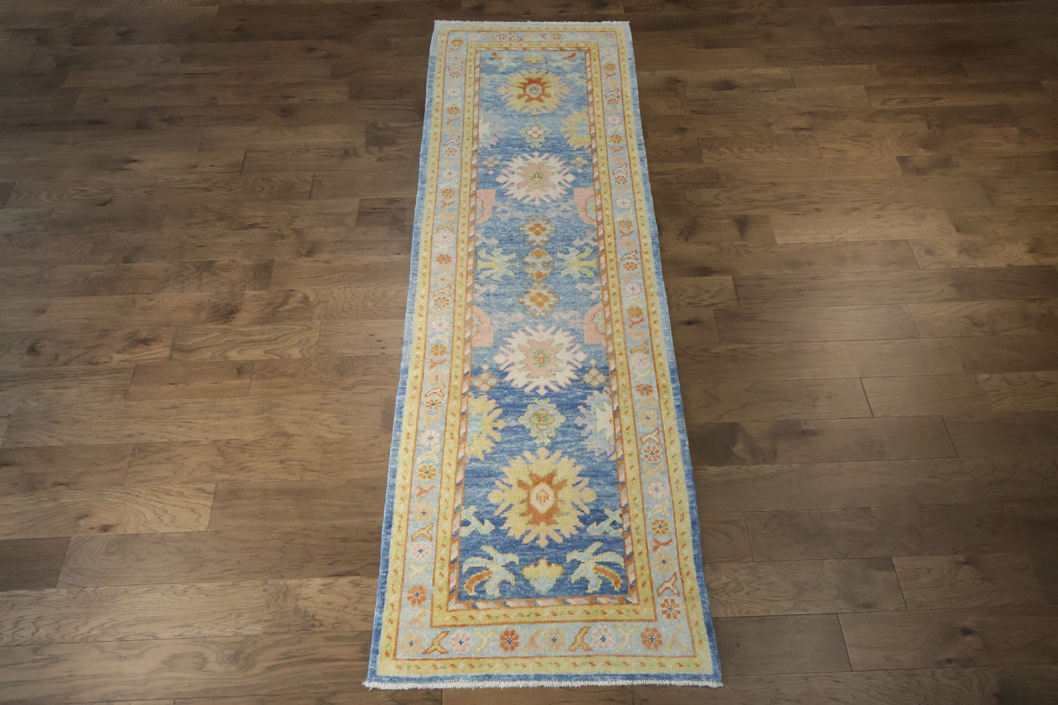 Vegetable Dye Blue Oushak Turkish Runner Rug 3x11 ft