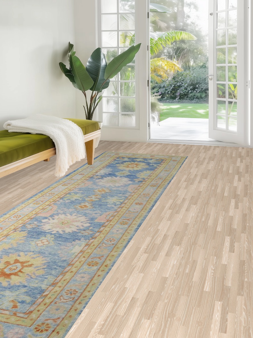 Vegetable Dye Blue Oushak Turkish Runner Rug 3x11 ft