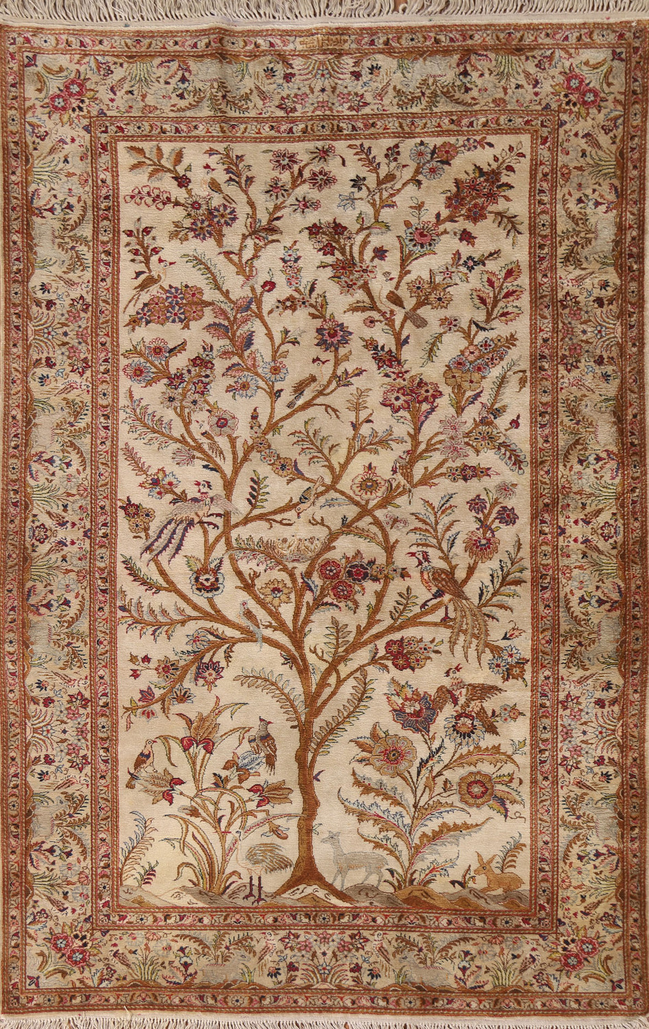 Antique 100% Silk Kashan Persian Rug 4x7