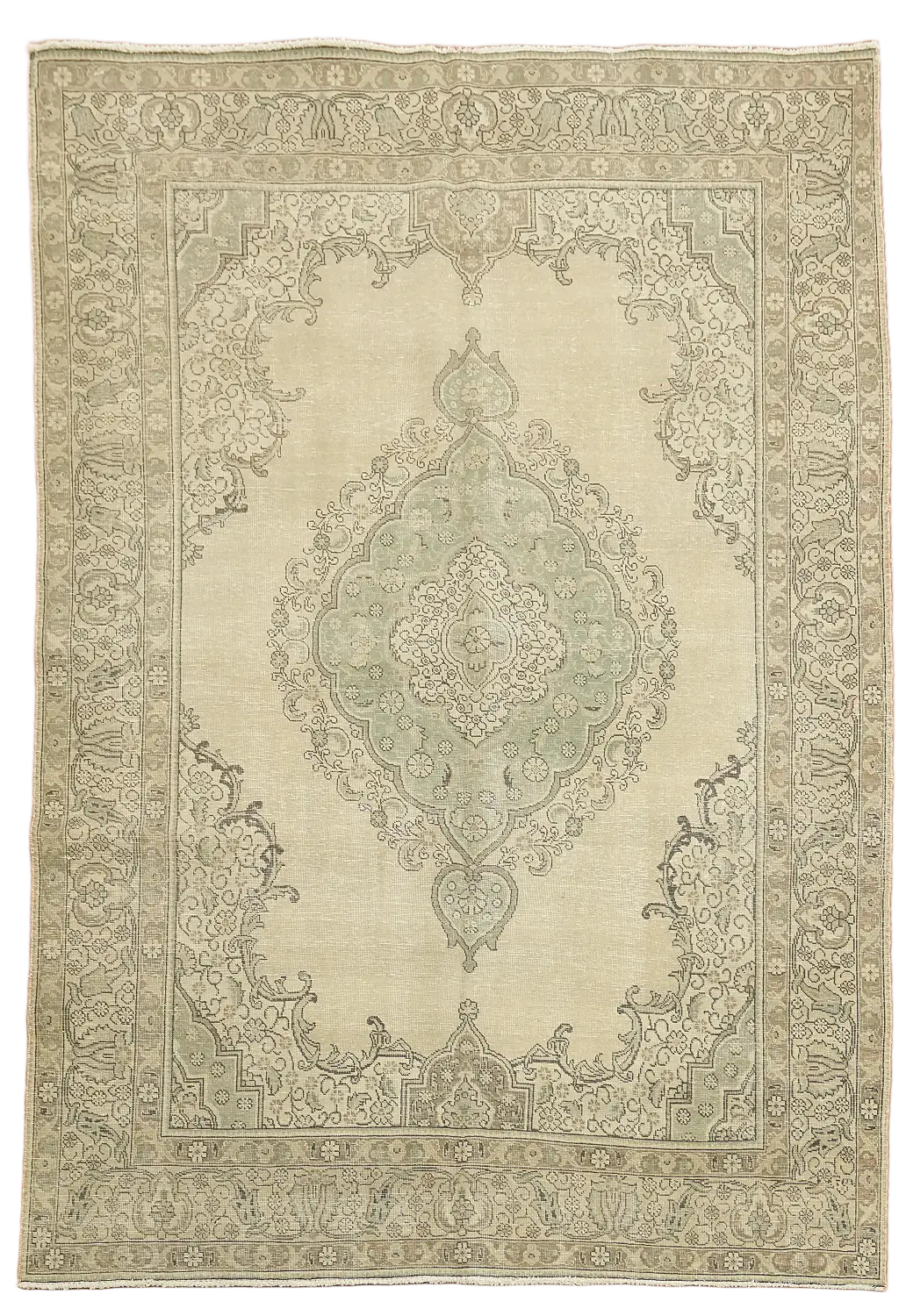 Vintage Distressed Beige and Green Tabriz Persian Wool Area Rug 8x11