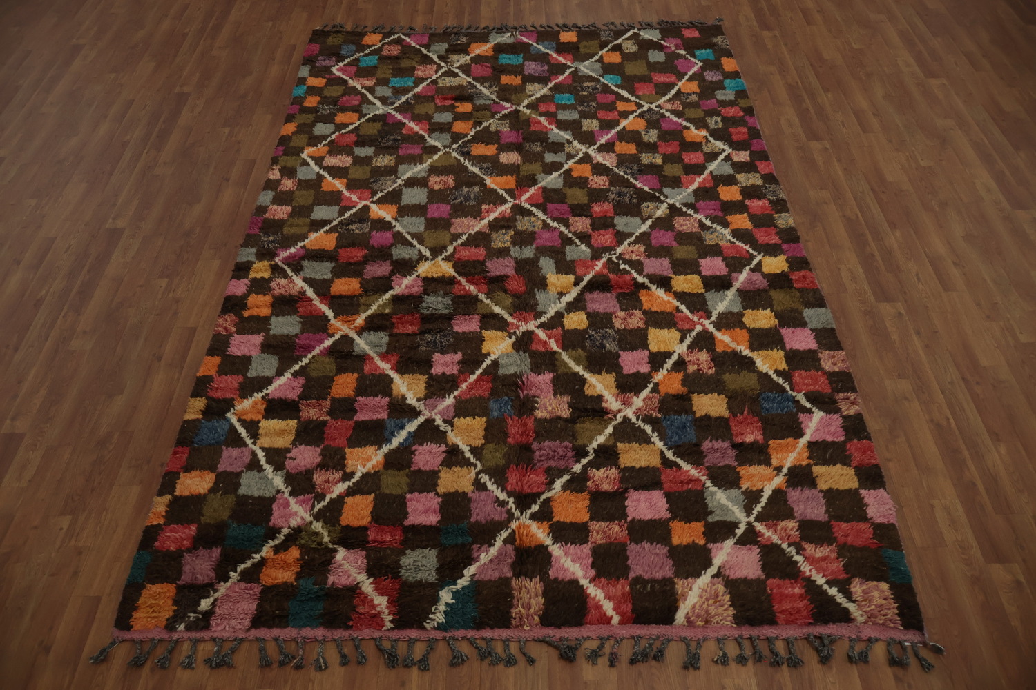Checkered Lines: Multicolored Geometric Moroccan Area Rug 7x11