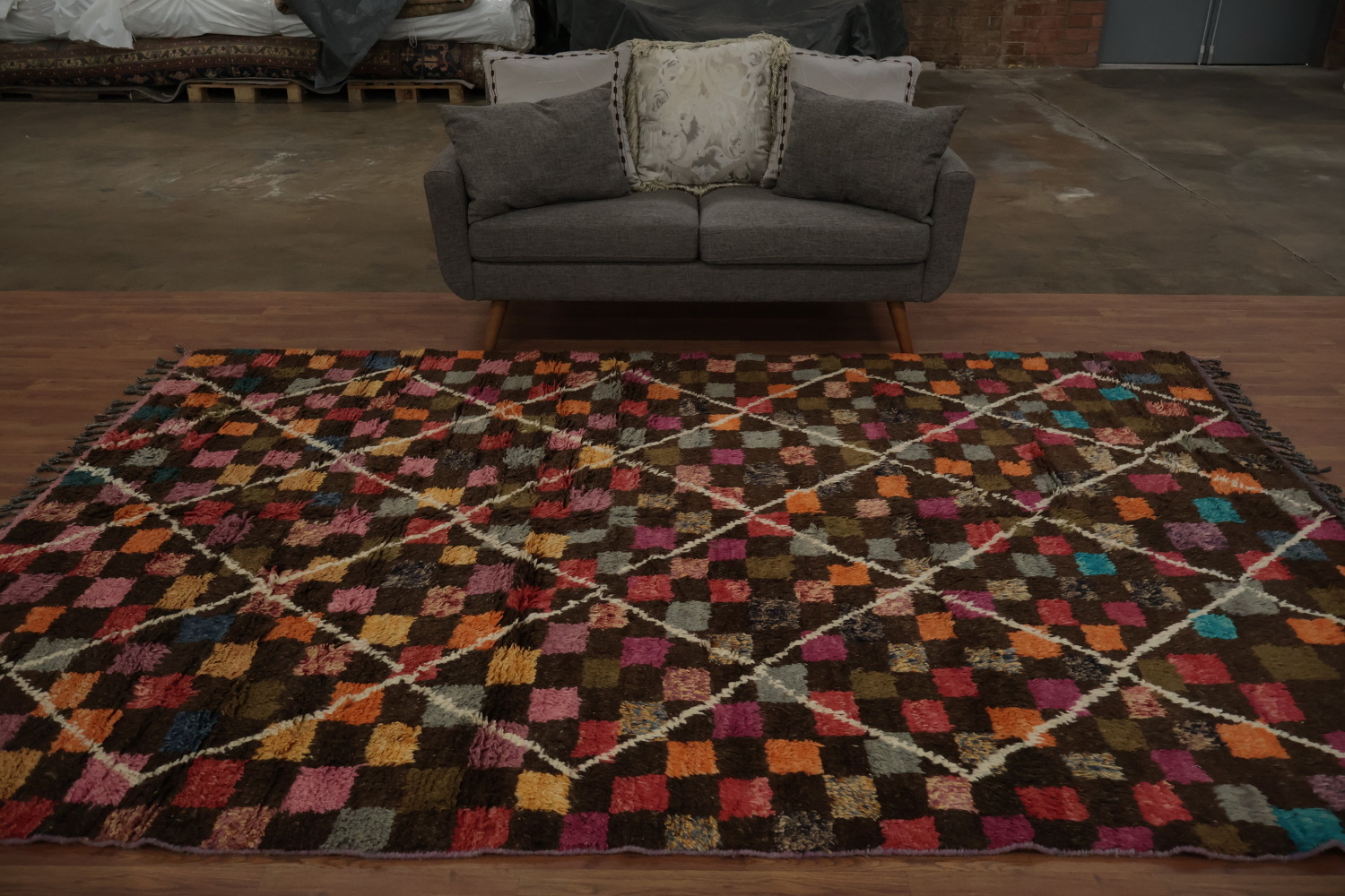 Checkered Lines: Multicolored Geometric Moroccan Area Rug 7x11