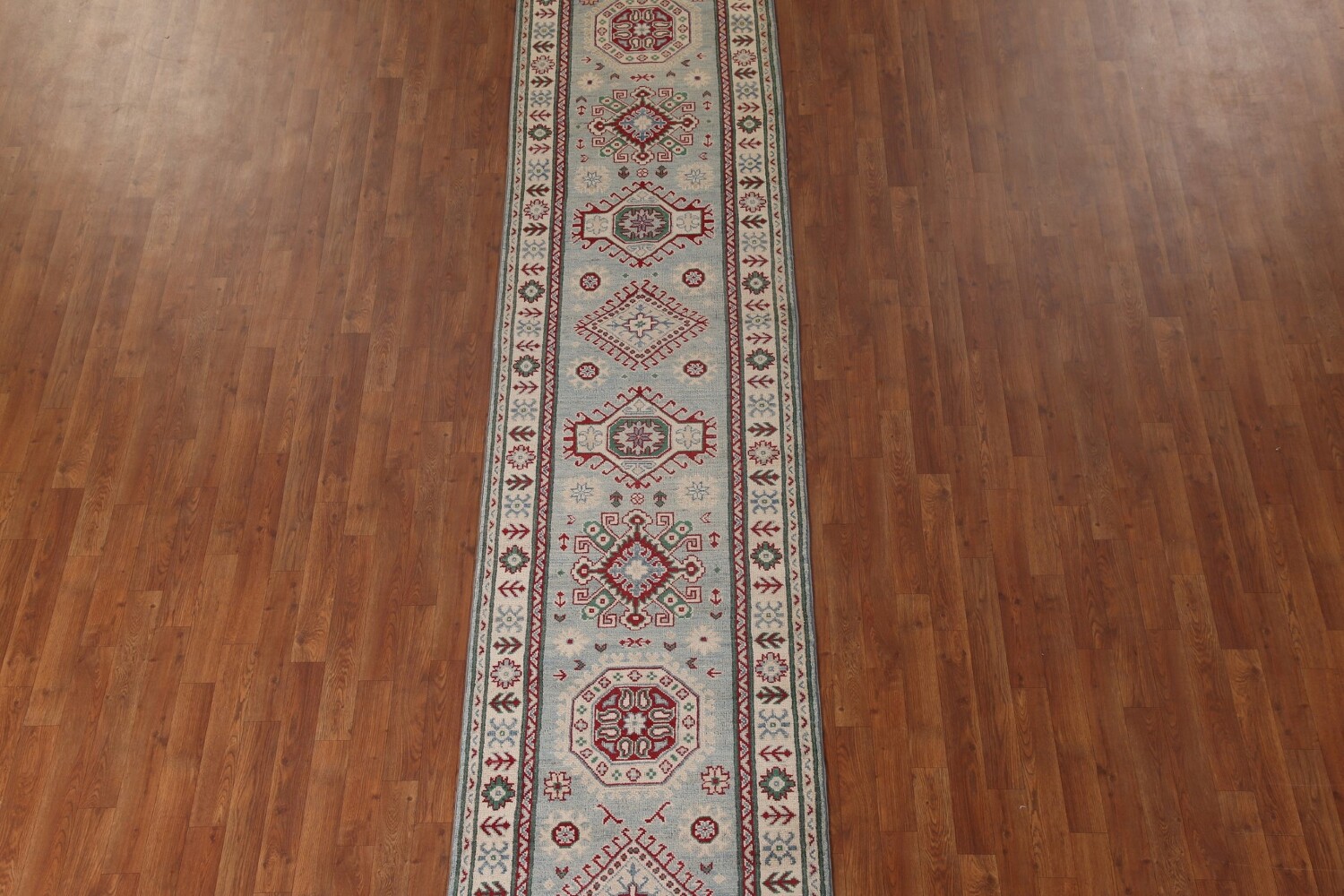 Light Blue Kazak Oriental Runner Rug 3x13