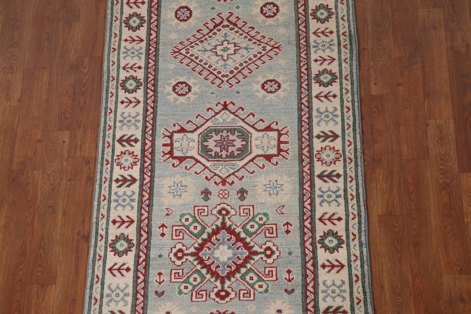 Light Blue Kazak Oriental Runner Rug 3x13