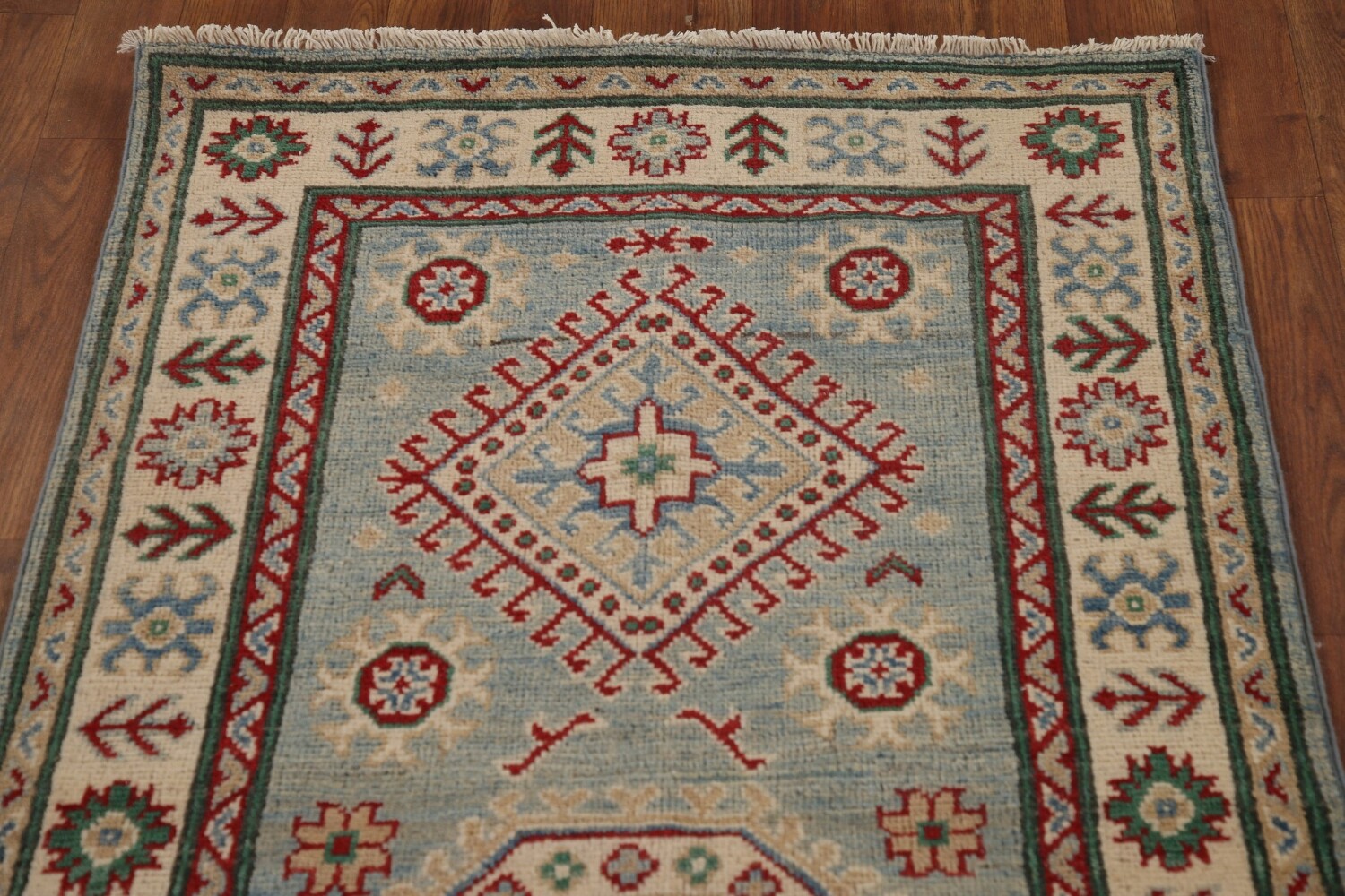 Light Blue Kazak Oriental Runner Rug 3x13