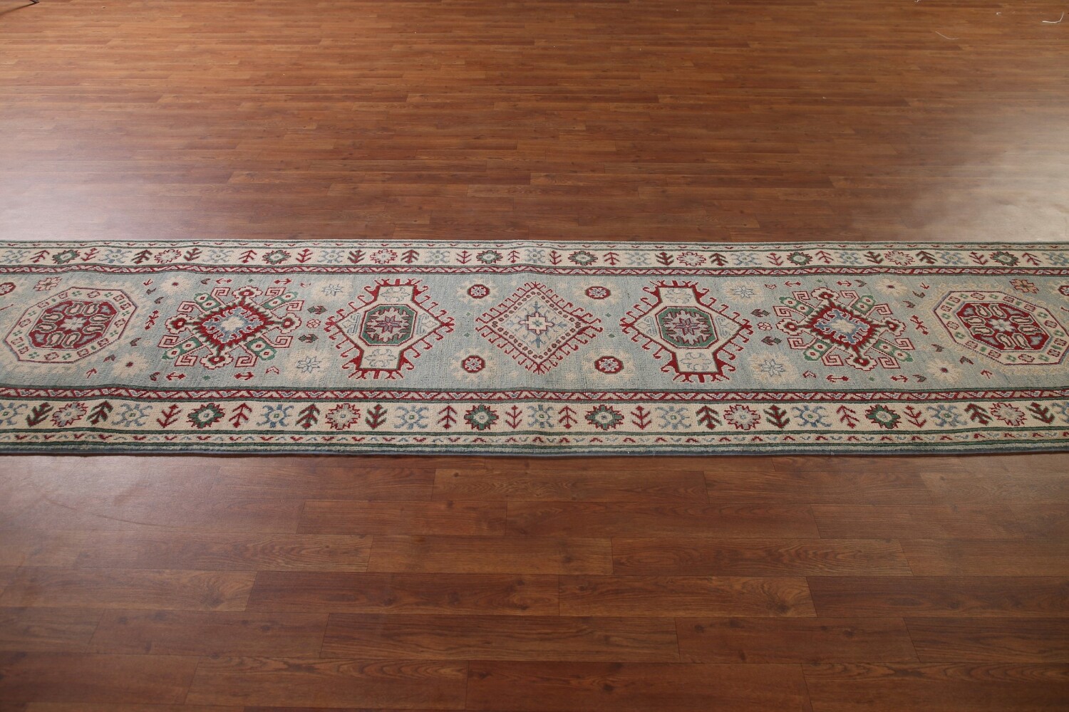 Light Blue Kazak Oriental Runner Rug 3x13