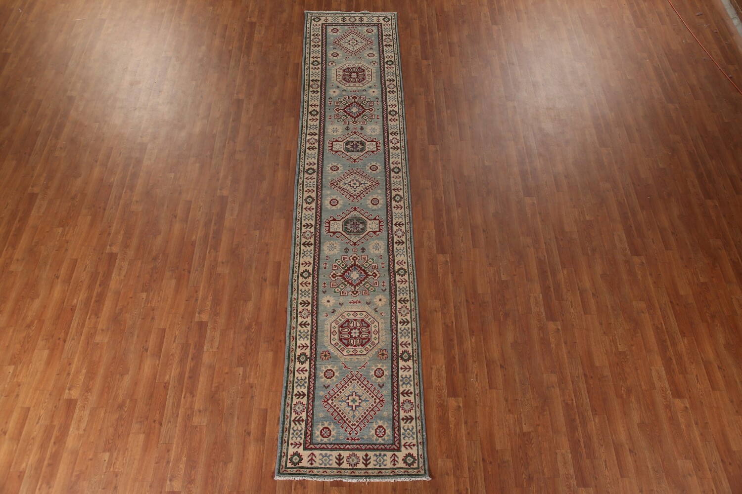 Light Blue Kazak Oriental Runner Rug 3x13
