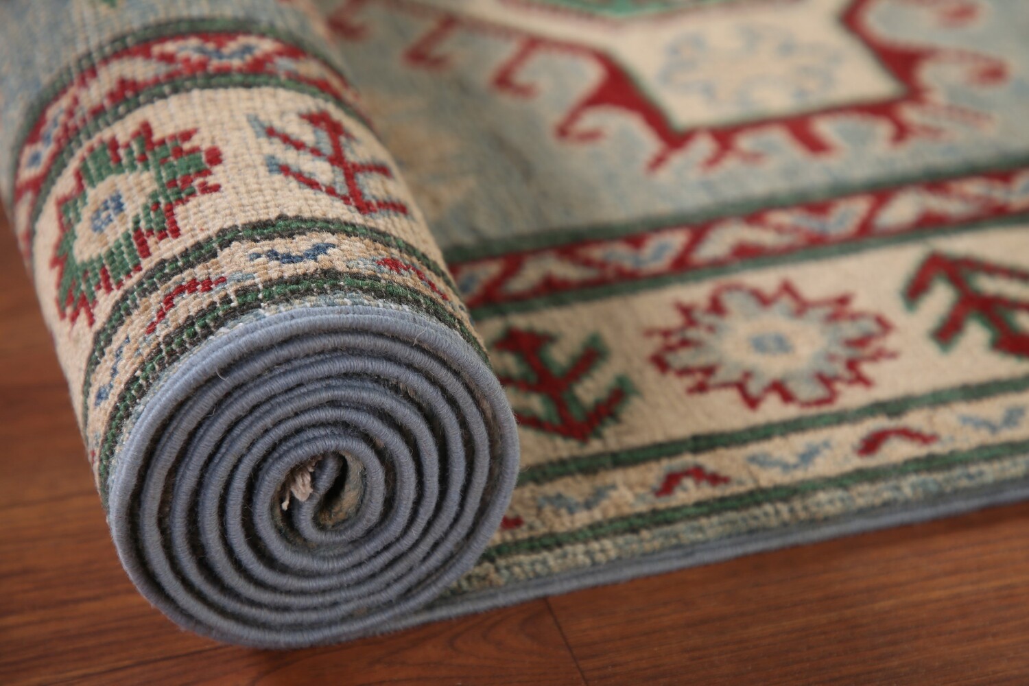 Light Blue Kazak Oriental Runner Rug 3x13