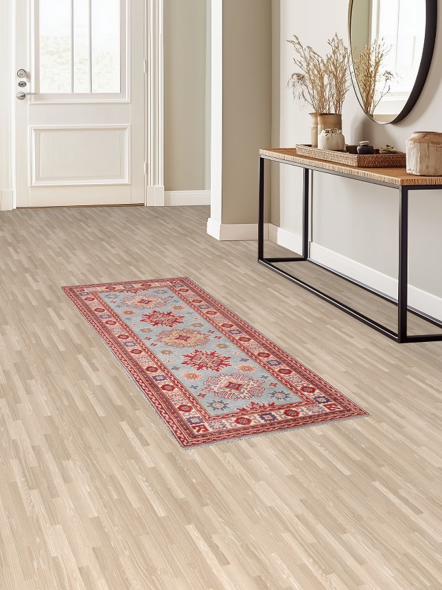 Light Blue Kazak Oriental Runner Rug 3x7