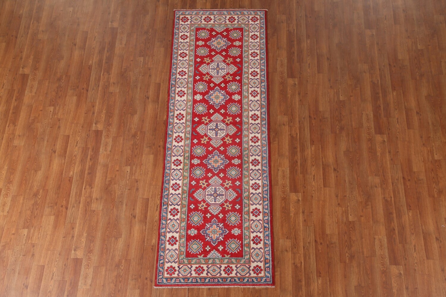 Geometric Red Kazak Oriental Runner Rug 3x8