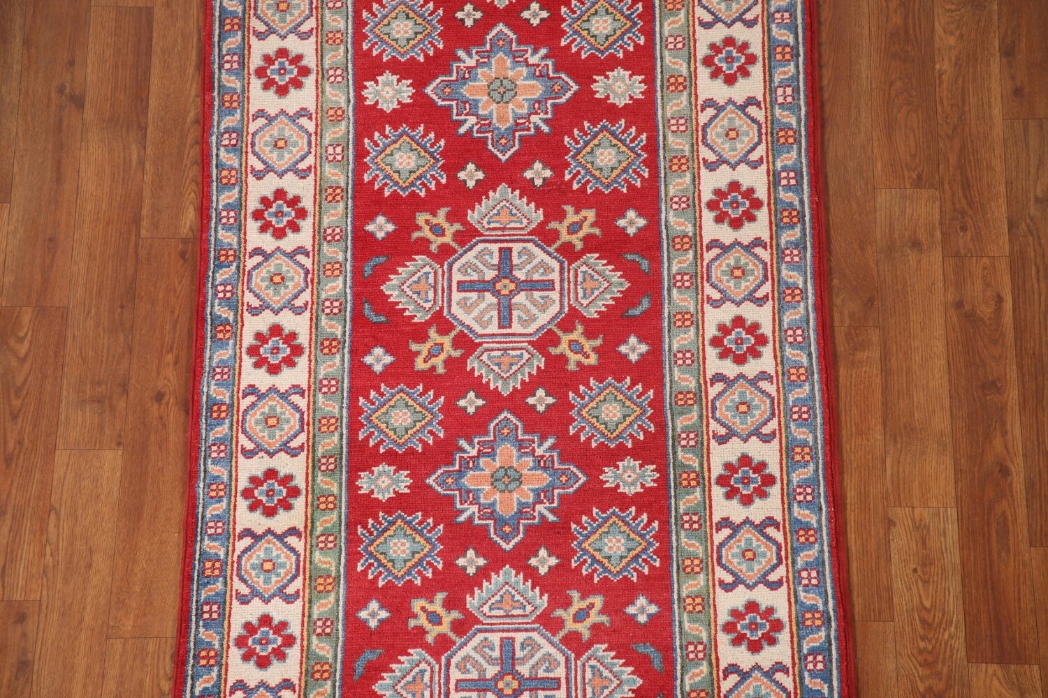 Geometric Red Kazak Oriental Runner Rug 3x8