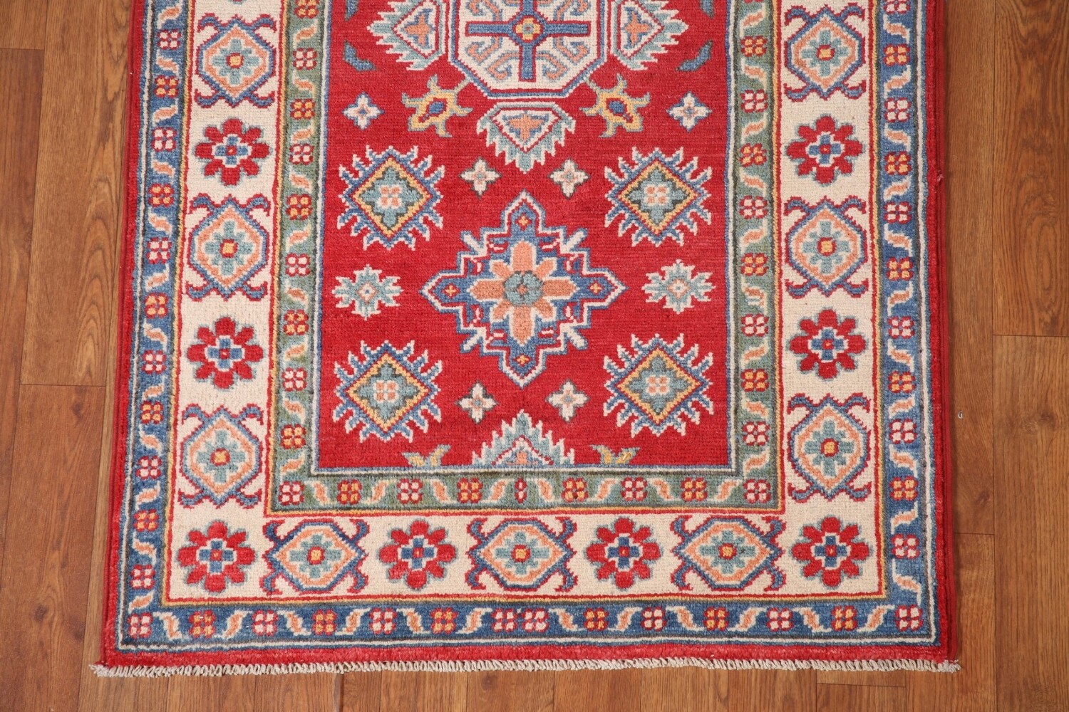 Geometric Red Kazak Oriental Runner Rug 3x8