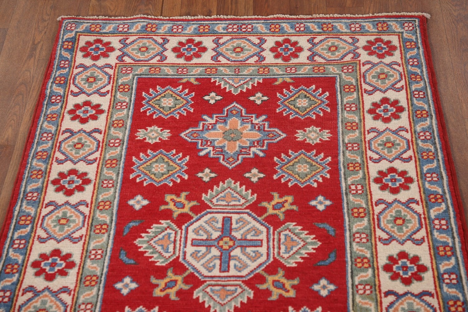 Geometric Red Kazak Oriental Runner Rug 3x8