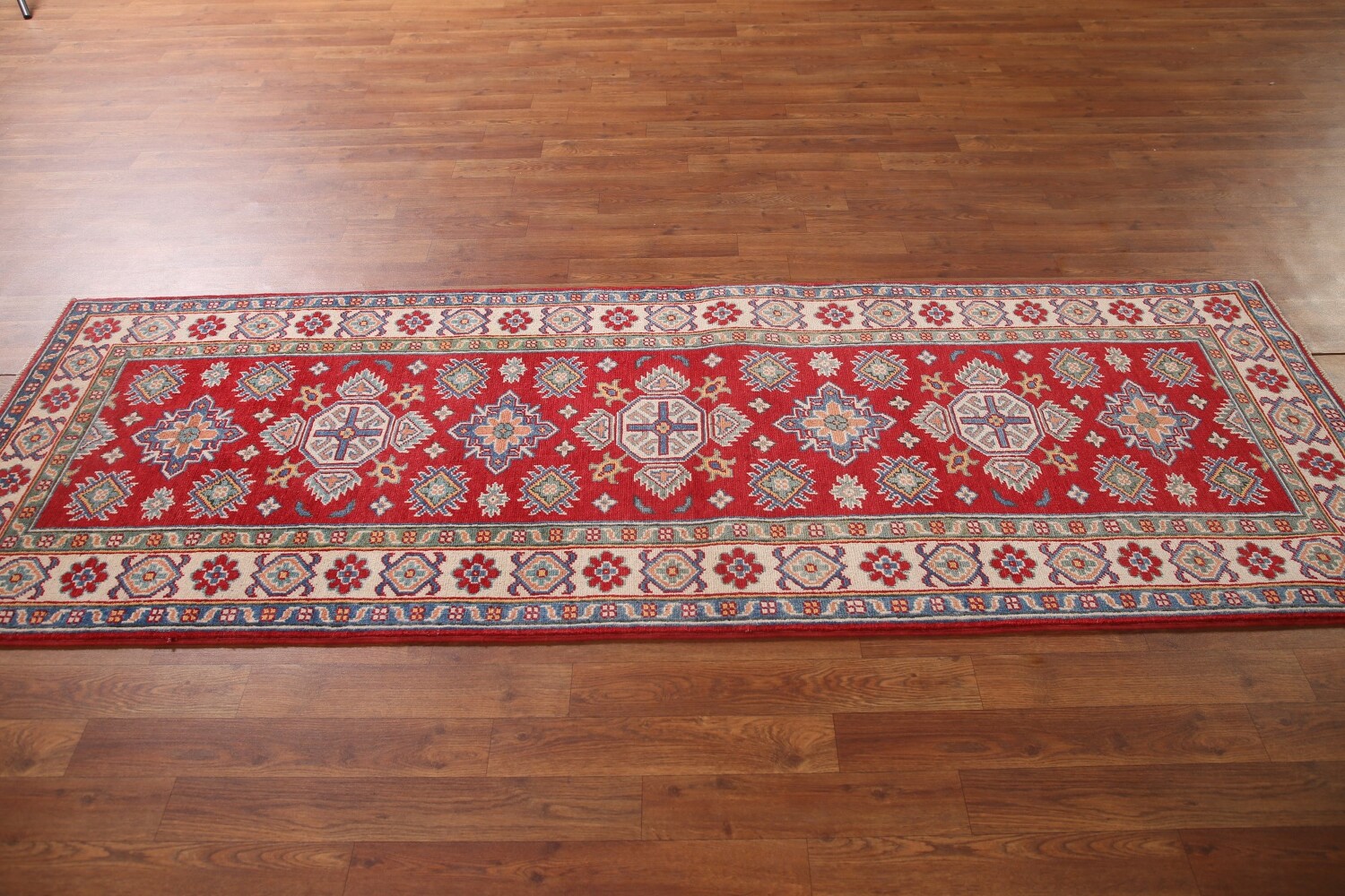 Geometric Red Kazak Oriental Runner Rug 3x8