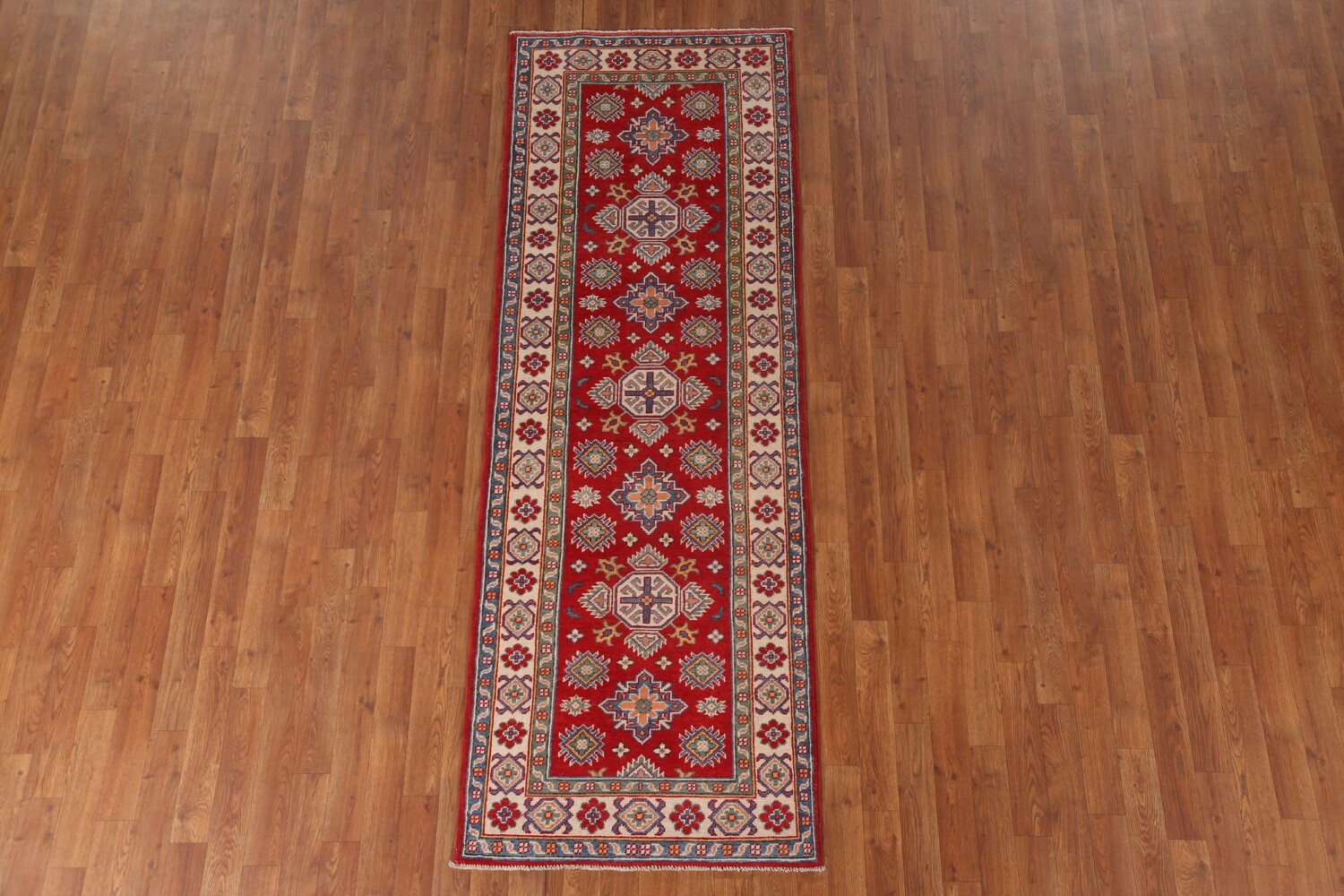Geometric Red Kazak Oriental Runner Rug 3x8