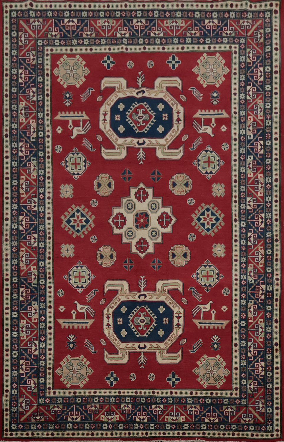 Traditional Red Kazak Rug with Geometric Patterns and Motifs 7x9