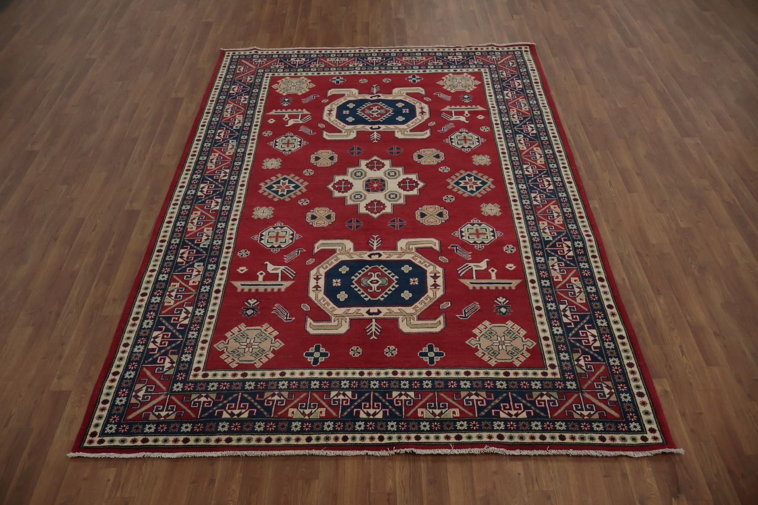 Traditional Red Kazak Rug with Geometric Patterns and Motifs 7x9