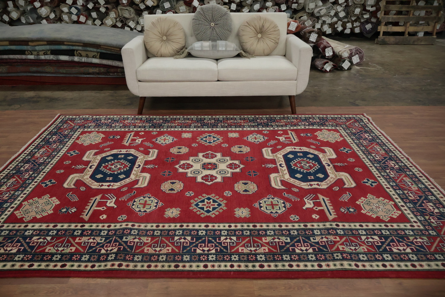 Traditional Red Kazak Rug with Geometric Patterns and Motifs 7x9