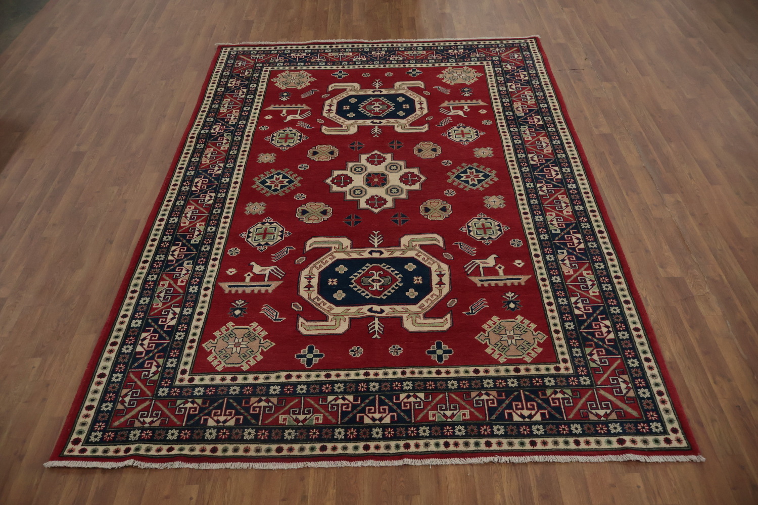 Traditional Red Kazak Rug with Geometric Patterns and Motifs 7x9